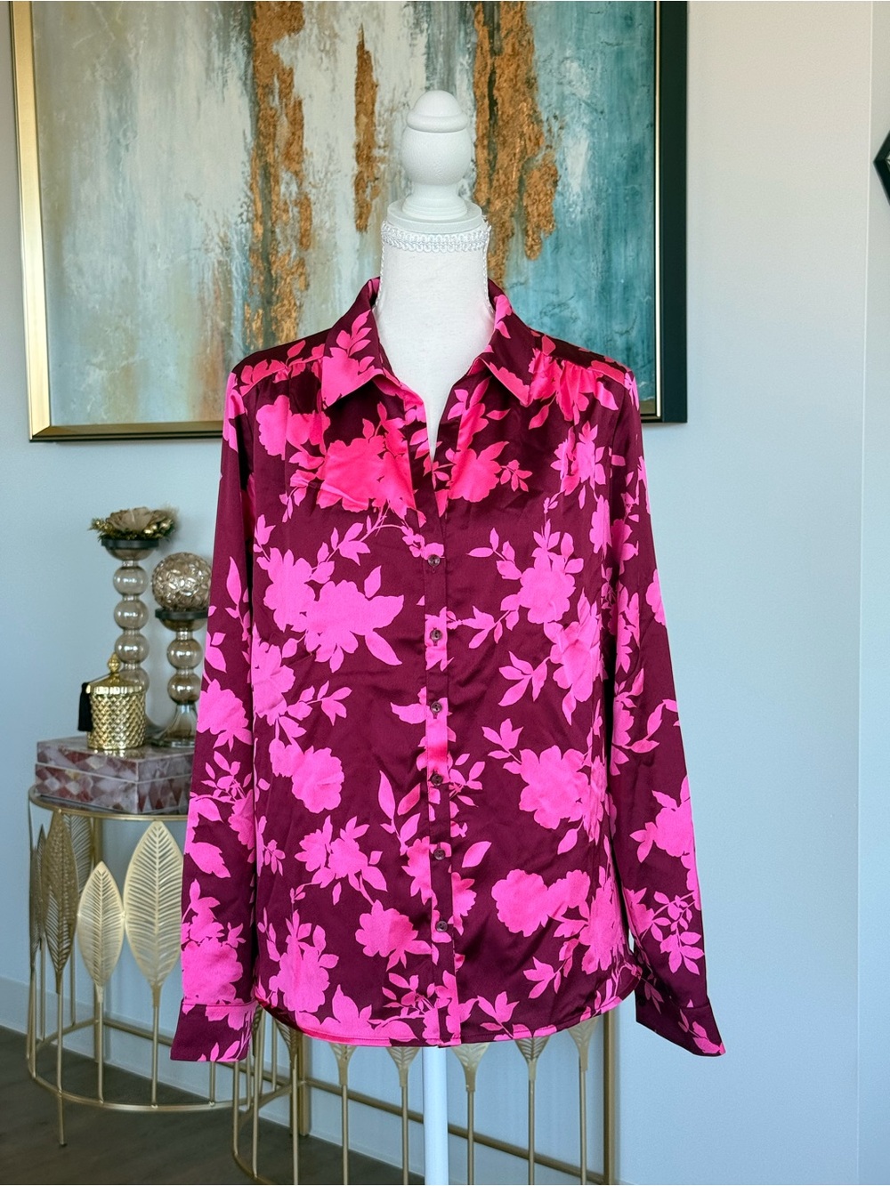 Pleione Magenta Floral Button-Front Satin Shirt